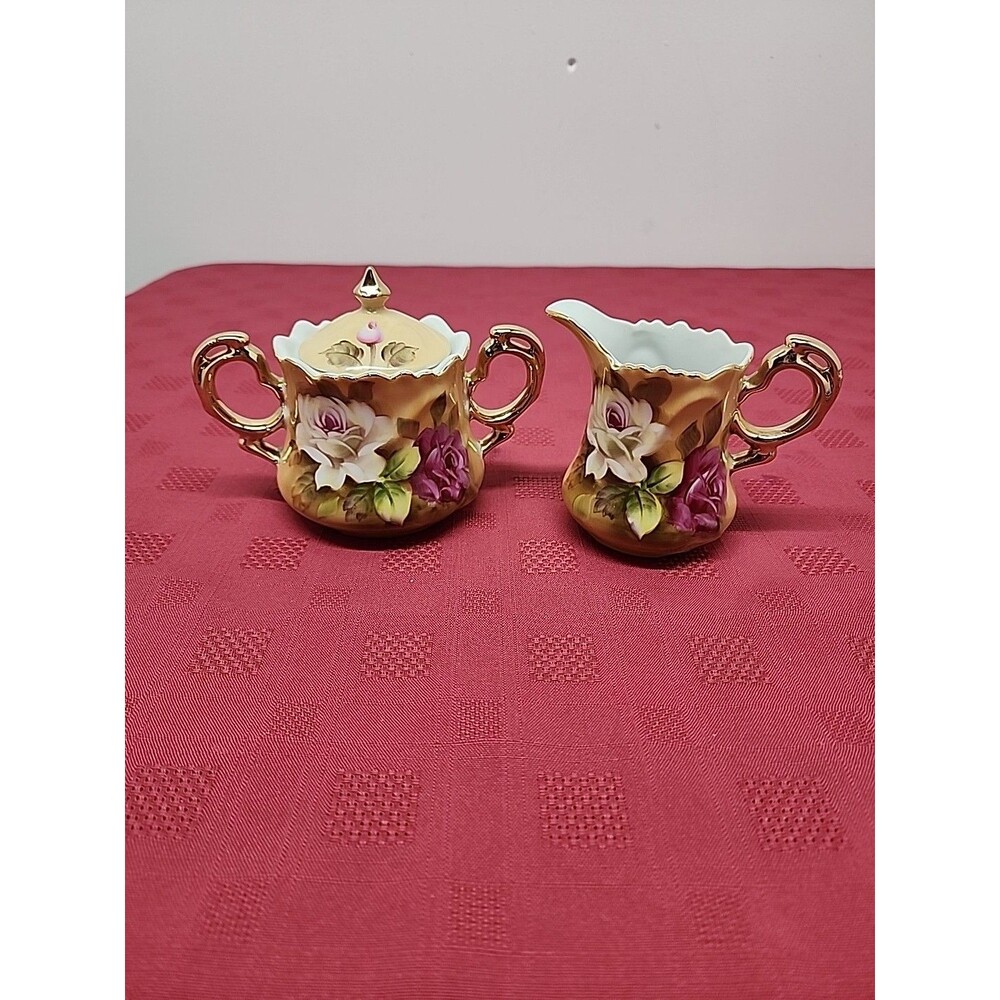 Vintage Lefton Heritage Brown Floral Roses Creamer and Sugar Bowl # 1867 Japan